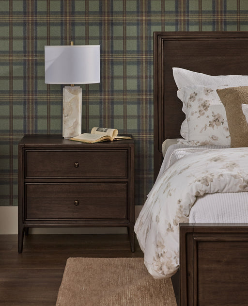 Modus Carlisle 2 Drawer Nightstand with CM and P Pie design, featuring a sleek wood finish and modern hardware.
