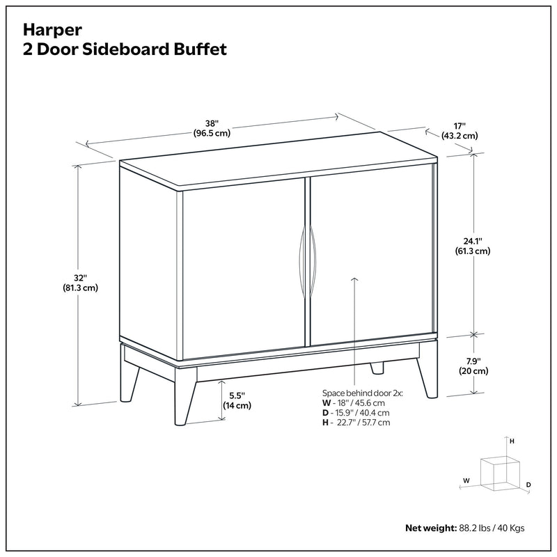 Walnut brown Simpli-Home Harper 2-door sideboard buffet with sleek design and storage compartments.