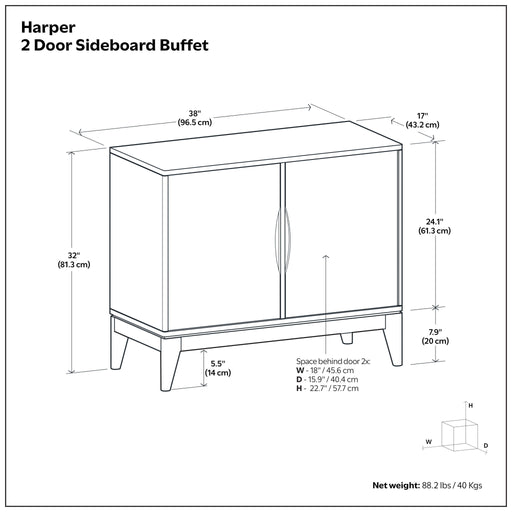 Walnut brown Simpli-Home Harper 2-door sideboard buffet with sleek design and storage compartments.