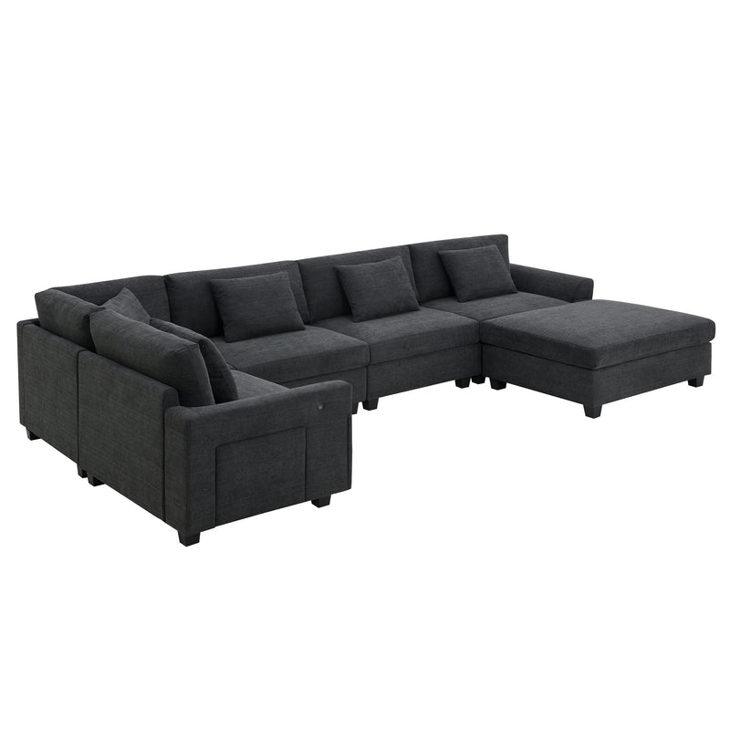 U Shaped Sectional Sofa 6 Seat Couch Set With Oversized Ottoman, Hidden Armrest Storage And Cup Holders USB Charging Ports Wide Seat Sofa - R&R Furniture Gallery (Fountain Valley, CA)