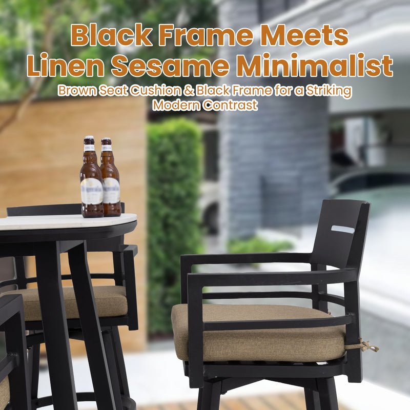 Set of two Life Outside outdoor swivel bar chairs with ergonomic backrests and 360-degree rotation, ideal for patio seating.