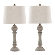Pair of Lumi Source Winston Farmhouse Poly Table Lamps with beige shades and wooden bases, set of two for stylish home lighting.