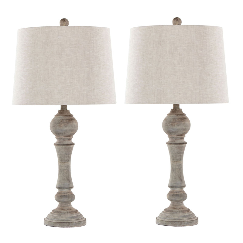 Pair of Lumi Source Winston Farmhouse Poly Table Lamps with beige shades and wooden bases, set of two for stylish home lighting.