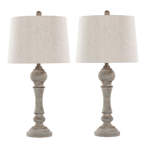 Pair of Lumi Source Winston Farmhouse Poly Table Lamps with beige shades and wooden bases, set of two for stylish home lighting.