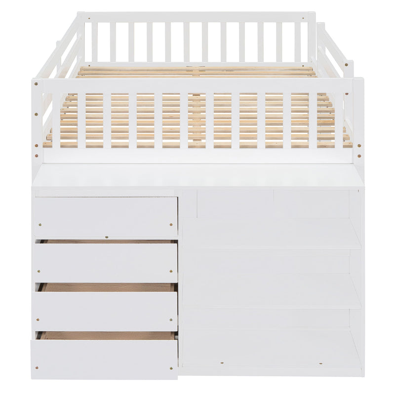 DreamHaus bunk bed with four drawers and three shelves, featuring a sturdy wooden frame and modern design for kids' bedrooms.
