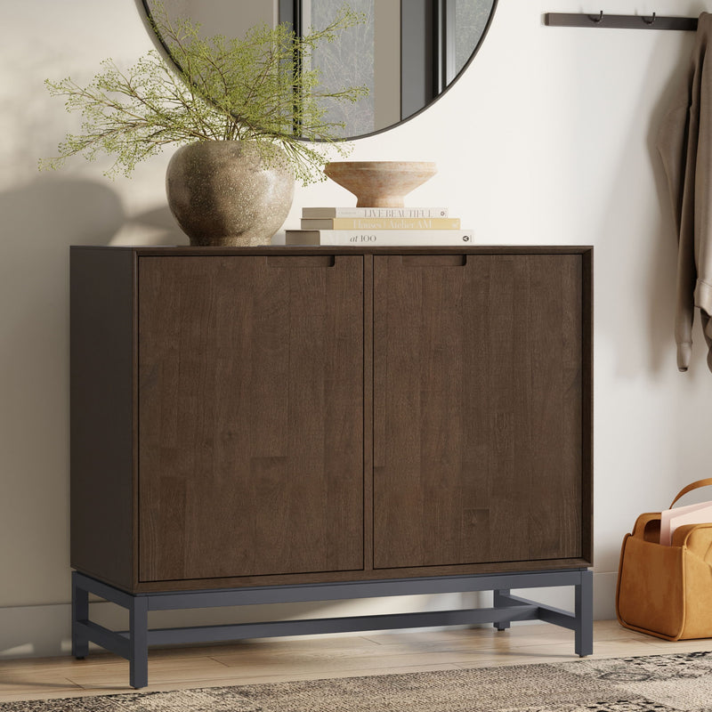 Simpli-Home Banting solid wood sideboard with metal frame, modern industrial dining room storage, showcasing drawers and cabinet doors.