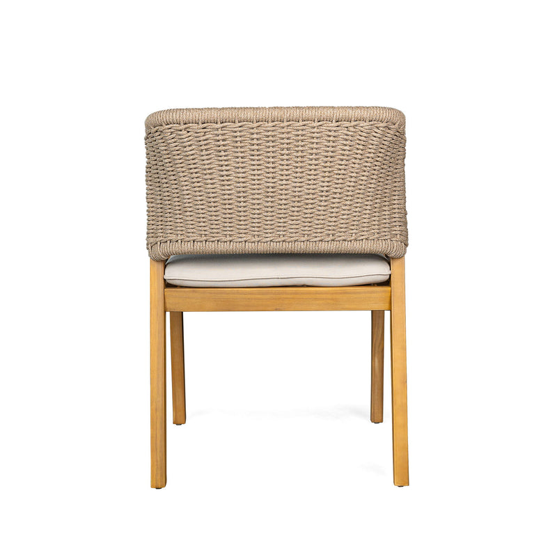 Set of two Noble House patio dining chairs in light teak finish, outdoor furniture with slatted back and armrests.
