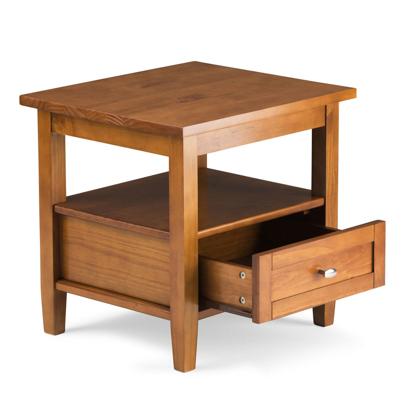 Handcrafted Warm Shaker coffee table by Simpli-Home featuring a wooden tabletop and sturdy legs.
