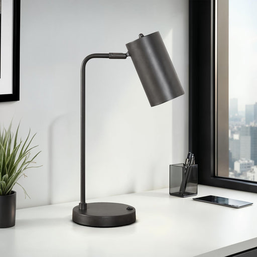 Modern gray 8th Street table lamp with USB port, featuring a sleek design and a fabric shade, ideal for bedside or desk lighting.
