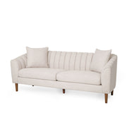 Noble House contemporary 3 seater stationary sofa with accent pillows and modern design, beige upholstery, and wooden legs.