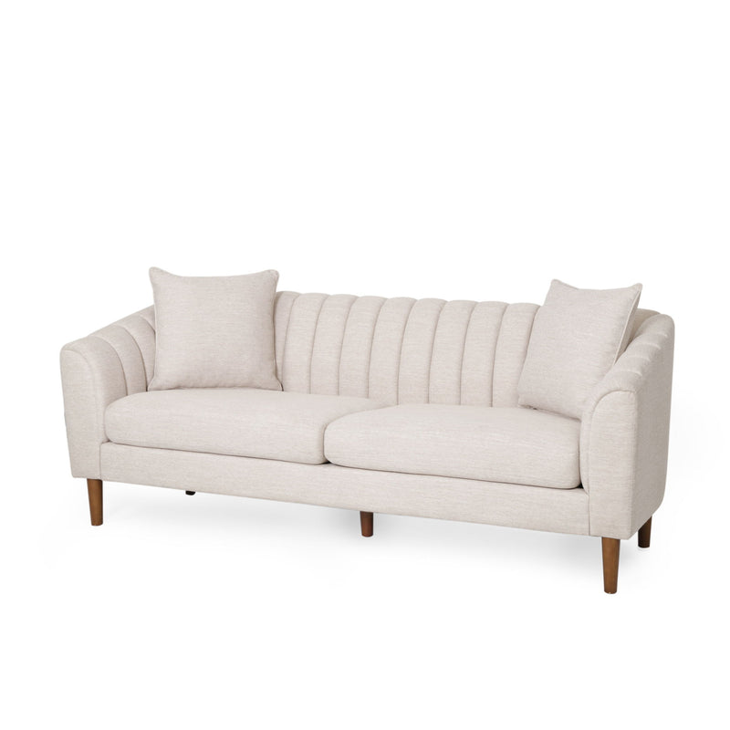 Noble House contemporary 3 seater stationary sofa with accent pillows and modern design, beige upholstery, and wooden legs.