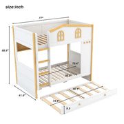 Dreamland bunk bed with house-shaped guardrails, built-in storage shelves, and a pull-out trundle for kids' bedrooms.
