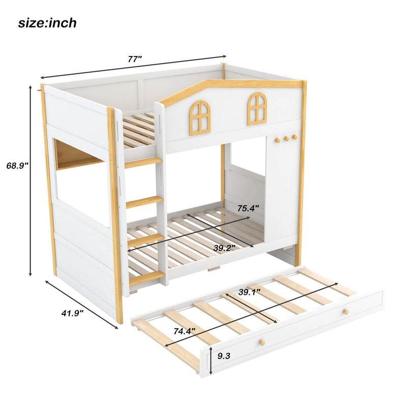 Dreamland bunk bed with house-shaped guardrails, built-in storage shelves, and a pull-out trundle for kids' bedrooms.