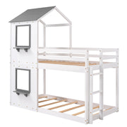 DreamHaus wooden bunk bed with roof, window, guardrail, and ladder, designed for children's bedrooms.