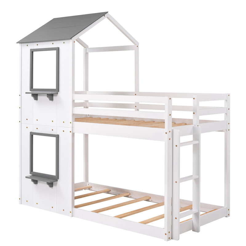 DreamHaus wooden bunk bed with roof, window, guardrail, and ladder, designed for children's bedrooms.