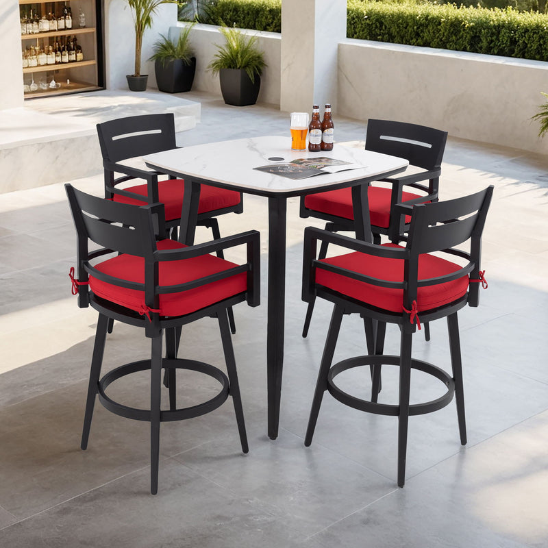 Outdoor patio bar set with rounded square sintered stone table and four swivel bar chairs by Life Outside