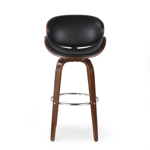Noble House Lumos mid-century modern upholstered swivel barstool at 28-30 inch height with fabric seat and wooden legs.