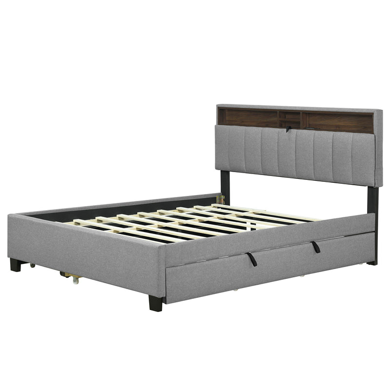 Upholstered Platform Bed With Storage Headboard, Trundle & 2 Drawers And A Set Of Sockets & USB Ports - R&R Furniture Gallery (Fountain Valley, CA)