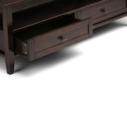 Handcrafted Warm Shaker coffee table by Simpli-Home featuring a rustic wooden finish and sturdy design for living room decor.