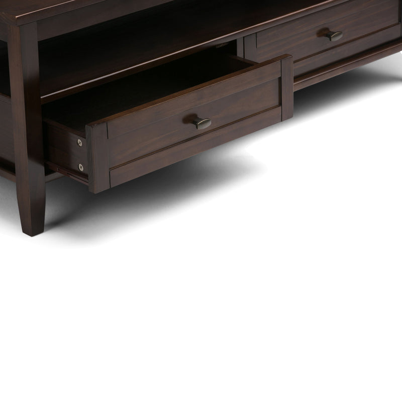 Handcrafted Warm Shaker coffee table by Simpli-Home featuring a rustic wooden finish and sturdy design for living room decor.