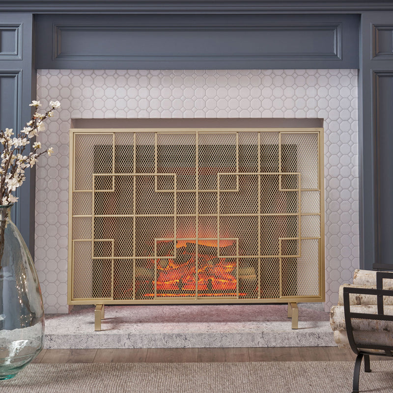 Modern single panel iron fireplace screen featuring a stylish design by Noble House, ideal for protecting and decorating your fireplace.