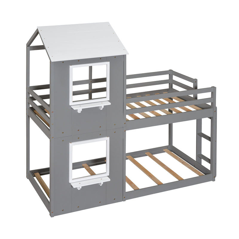 DreamHaus wooden bunk bed with roof, window, guardrail, and ladder, showcasing a sturdy, child-friendly design.