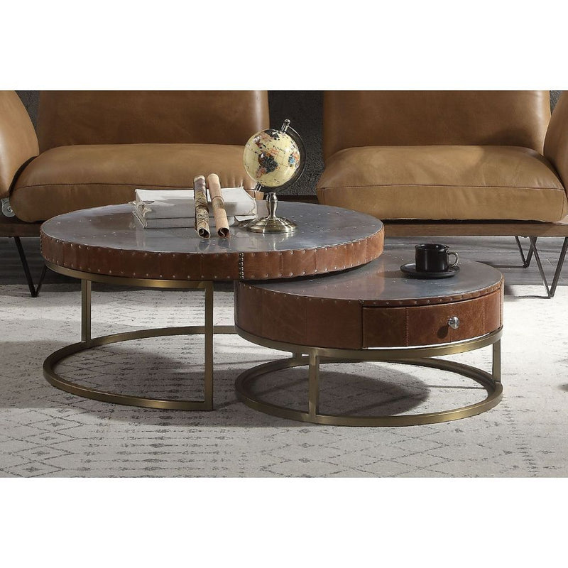 Tamas - 16" Coffee Table - Aluminum & Cocoa Top Grain Leather - R&R Furniture Gallery (Fountain Valley, CA)