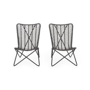Set of two gray outdoor wicker chairs with geometric cross metal bases, designed for patio or garden seating by Noble House.