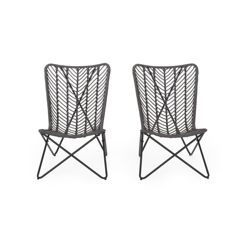 Set of two gray outdoor wicker chairs with geometric cross metal bases, designed for patio or garden seating by Noble House.