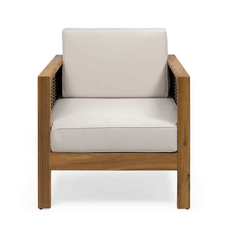 Outdoor 4-piece acacia wood chat set by Noble House with wicker accents and beige cushions, perfect for outdoor relaxation.