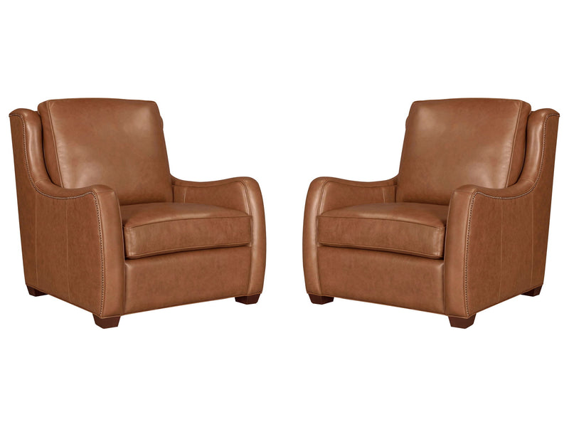 Parker Living Channing cinnamon leather 2-piece living room set with scroll arms and antique brass nail trim, stylish and luxurious.