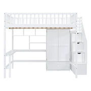 DreamHaus loft bed with integrated bookshelf, drawers, desk, and wardrobe, designed for space-saving bedroom organization.