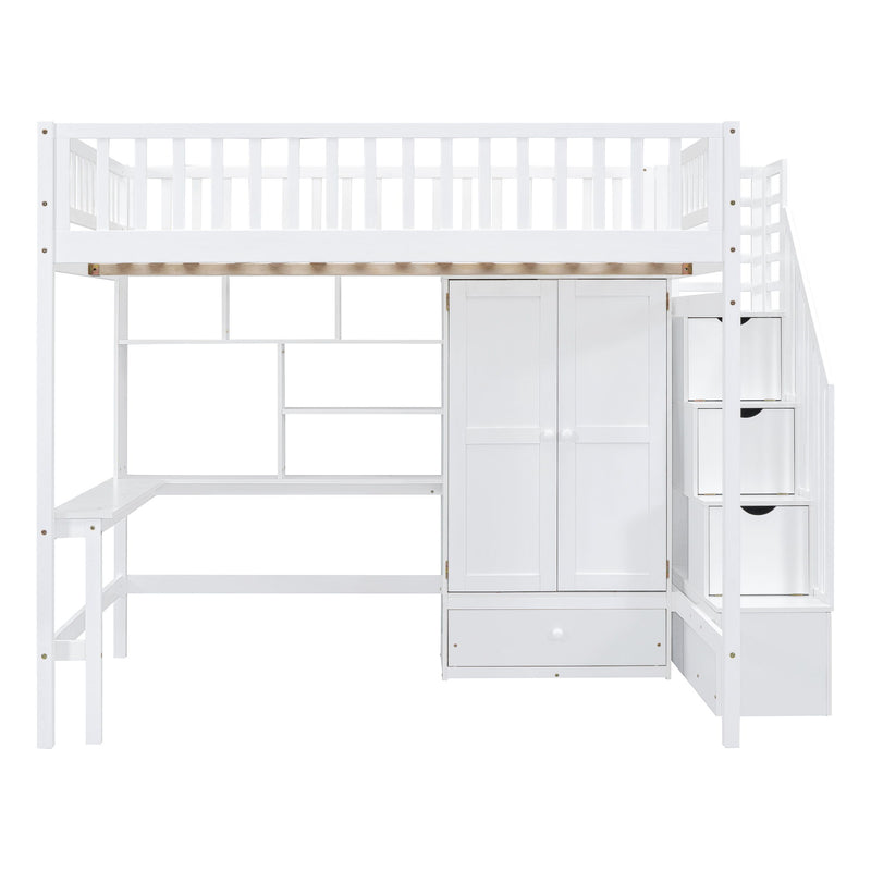 DreamHaus loft bed with integrated bookshelf, drawers, desk, and wardrobe, designed for space-saving bedroom organization.
