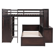 DreamHaus loft bed with twin standalone bed, shelves, desk, and wardrobe in a modern bedroom setup