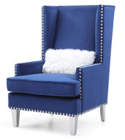 Elegant traditional arm chair by Glory Furniture with ornate wooden legs and plush fabric upholstery in a classic design.