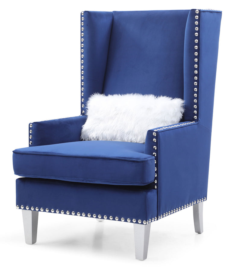 Elegant traditional arm chair by Glory Furniture with ornate wooden legs and plush fabric upholstery in a classic design.