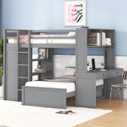 DreamHaus loft bed with integrated twin standalone bed, shelves, desk, and wardrobe for space-saving bedroom organization.