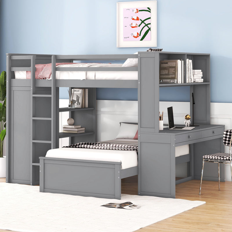 DreamHaus loft bed with integrated twin standalone bed, shelves, desk, and wardrobe for space-saving bedroom organization.