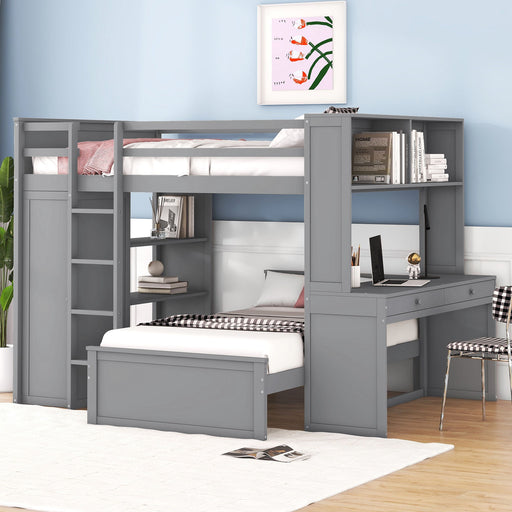 DreamHaus loft bed with integrated twin standalone bed, shelves, desk, and wardrobe for space-saving bedroom organization.