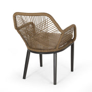 Noble House modern wicker arm chair with water-resistant cushions in brown and beige, ideal for stylish outdoor dining spaces.