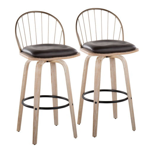Lumi Source Riley industrial urban fixed height barstool set with swivel and removable cushion, positioned in a modern kitchen setting.