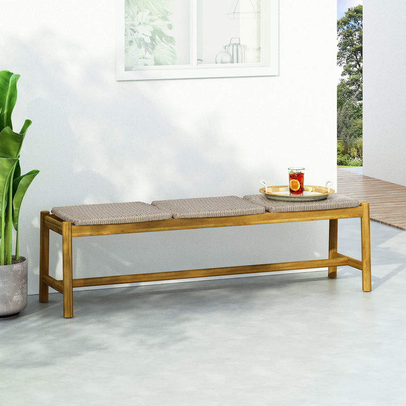 Noble House Cambria 3-seater teak bench with slatted wooden seat and sturdy frame, ideal for outdoor or patio seating.