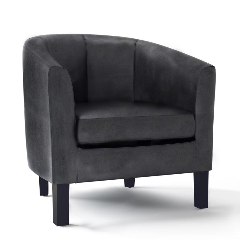 Simpli-Home Austin handcrafted tub chair with plush upholstery and wooden legs, armchair for living room or lounge area.