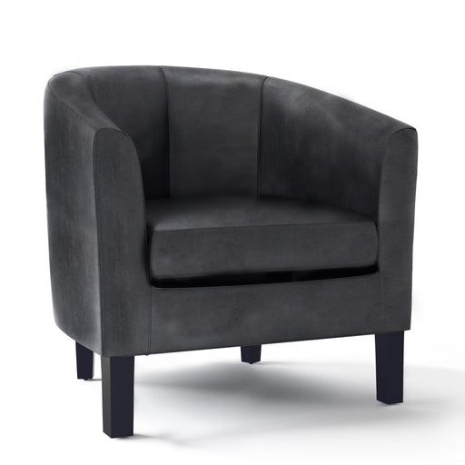 Simpli-Home Austin handcrafted tub chair with plush upholstery and wooden legs, armchair for living room or lounge area.