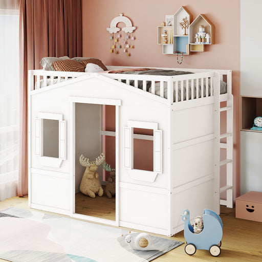 DreamHaus house loft bed with ladder featuring a cozy sleeping area and sturdy wooden frame, ideal for compact bedrooms.