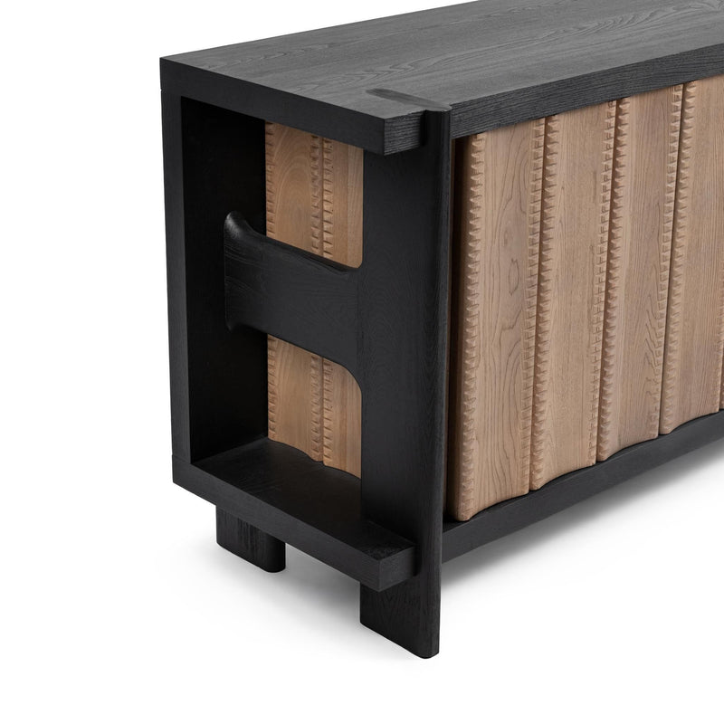 Classic Home Ellison 4-door Shoreline Noir buffet cabinet with sleek black finish and modern design, featuring four spacious doors.