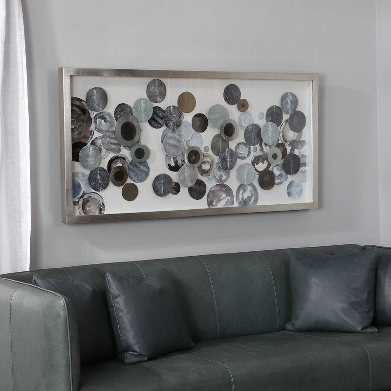 Uttermost Kella modern blue shadow box wall decor with layered geometric design on a neutral background.