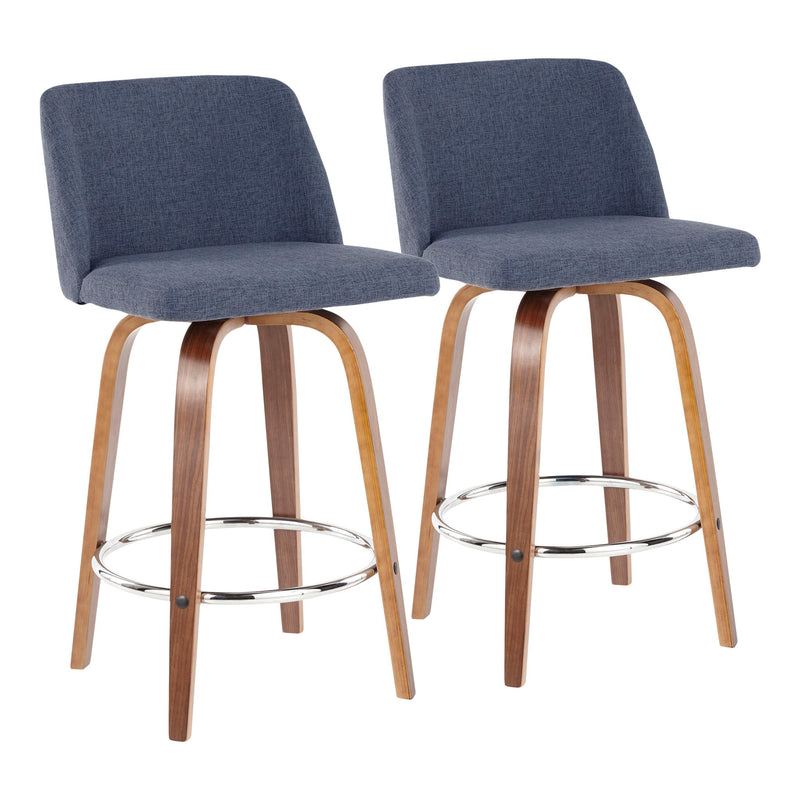 Lumi Source Toriano mid-century modern counter stool set with round footrest, fixed height, sleek design, two stools in natural wood finish