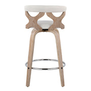 Lumi Source Gardenia mid-century modern counter stool set with swivel, set of 2, featuring wooden legs and cushioned seats.