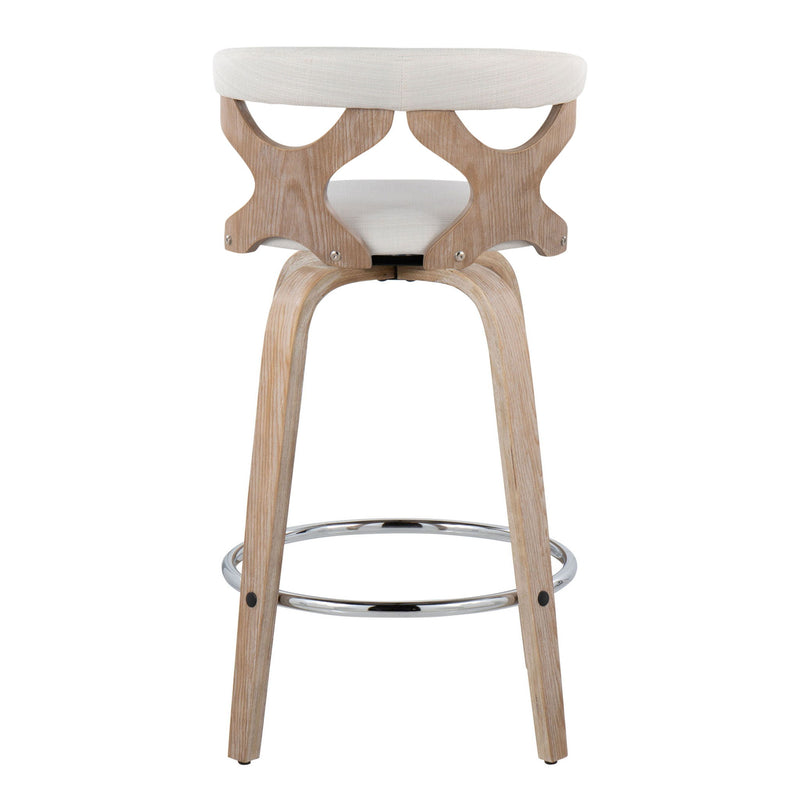 Lumi Source Gardenia mid-century modern counter stool set with swivel, set of 2, featuring wooden legs and cushioned seats.